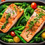 Varietà di alimenti ricchi di omega-3, come pesce, noci e semi, su un tavolo.